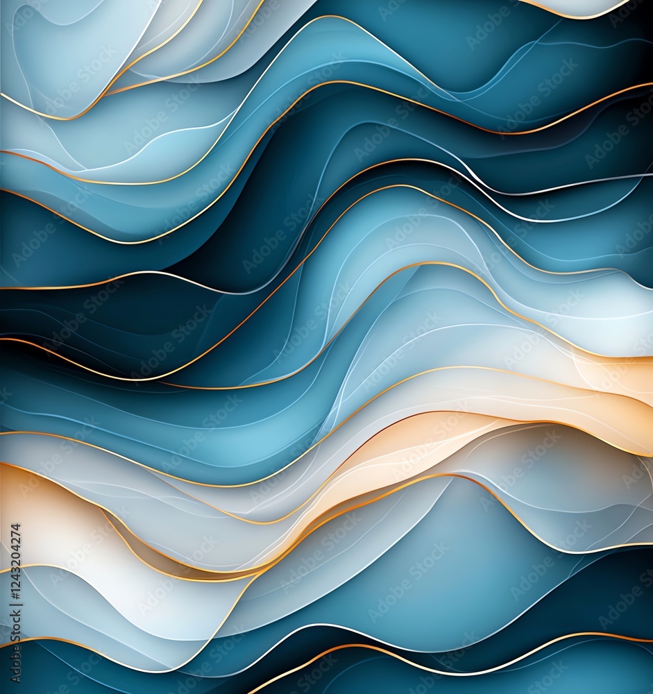 Poster a captivating abstract composition featuring flowing waves of blue and cream tones. the harmonious b