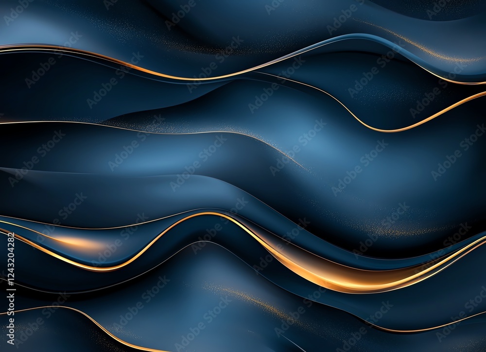 Poster a captivating abstract design featuring flowing waves in deep blue tones, accented with shimmering g