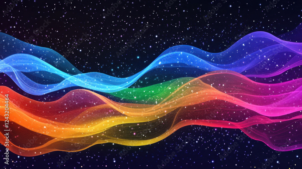 Poster bright, rainbow-like light waves flow across a deep black space, creating an enchanting and vibrant 