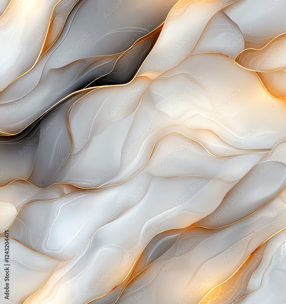 Poster a captivating abstract illustration featuring flowing waves of soft white and gold hues, creating an