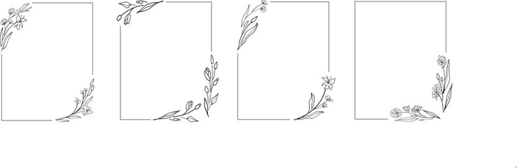 Beautiful line art floral frames set. Hand drawn botanical vector set. Trendy wildflowers and square decoration set for wedding invitation, label, save the date card, logo