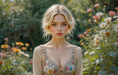 A digital illustration of a young woman in a garden surrounded by flowers