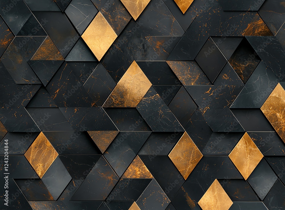 Poster a close-up image showcasing an intricate geometric pattern of black and gold tiles. this modern desi