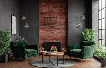 A dark gray and black living room with a fireplace, green velvet armchairs, a wooden coffee table