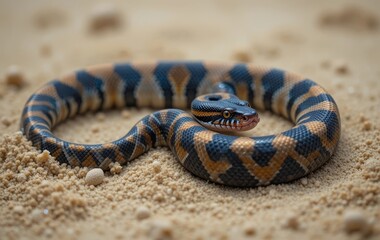 Obraz premium A close-up of a python snake slithering in the sand with colorful patches on its skin