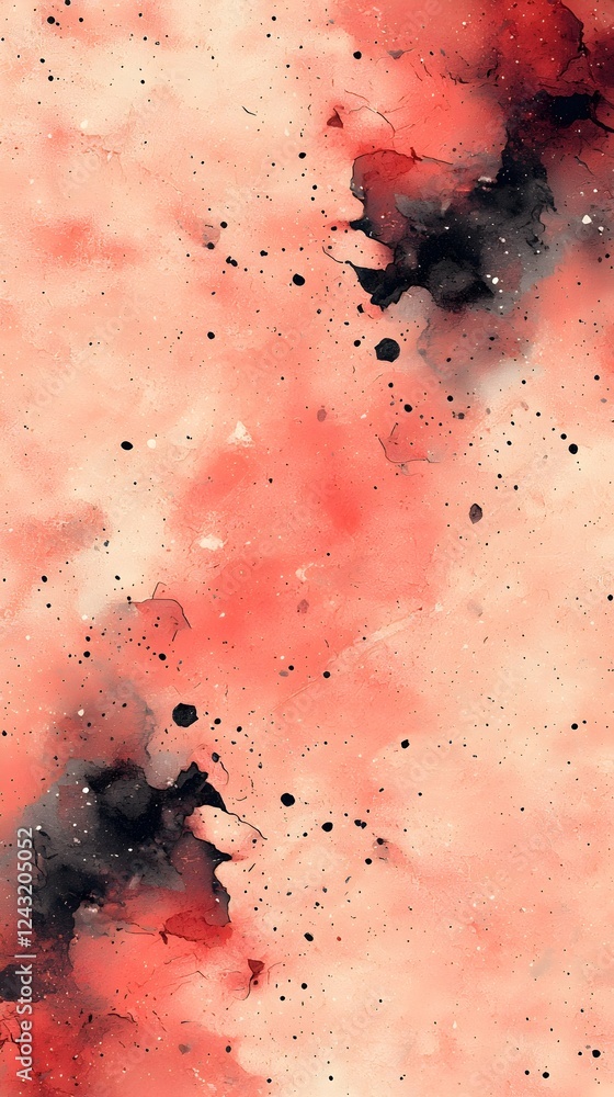 Poster an abstract watercolor background featuring a blend of soft peach, bold red, and deep black splashes