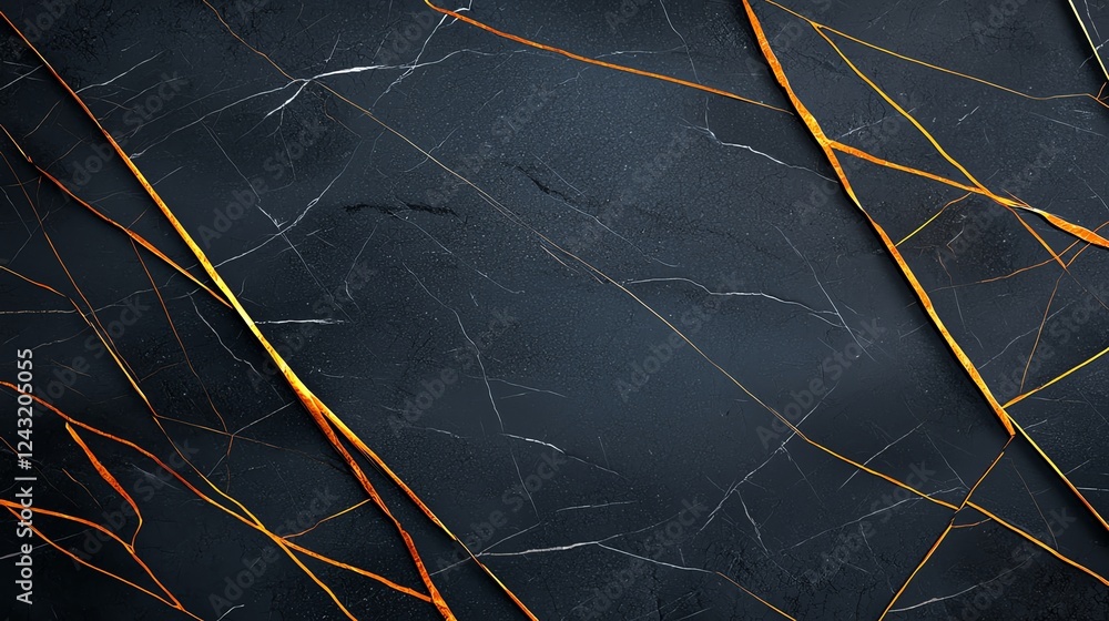 Poster a close-up view of a dark marble surface with striking golden veins. the elegant patterns create a l