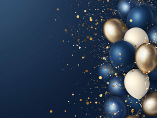 Vibrant navy blue and gold themed celebration with colorful balloons and glittering confetti, ideal for festive banners, posters, and background designs with space for custom text