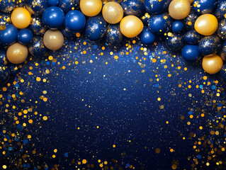 Vibrant navy blue and gold themed celebration with colorful balloons and glittering confetti, ideal for festive banners, posters, and background designs with space for custom text