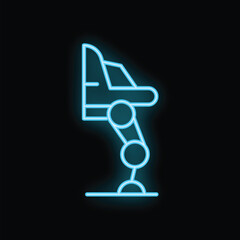 Blue neon glowing symbol of an industrial robotic arm holding a vehicle frame on a black background