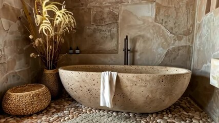 This animation showcases an elegant bathroom designed in boho style, featuring a unique stone bathtub, soft textures, and natural elements. The serene atmosphere invites relaxation