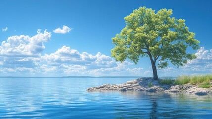 Solitary tree on a tranquil island in a serene blue lake