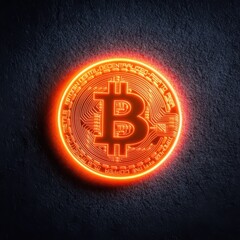 Glowing Bitcoin symbol in neon orange against a dark background, representing cryptocurrency and digital finance innovation.