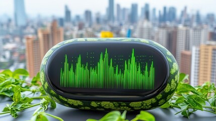 A green patterned device displays a sound wave graphic against a blurred city backdrop.