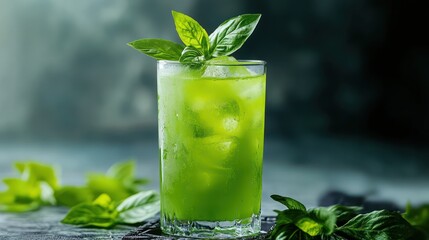 Refreshing Basil Smash Cocktail: A vibrant green iced drink, perfect for summer refreshment.  Garnished with fresh basil leaves, it's a visual delight and a taste sensation!