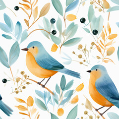 Obraz premium Watercolor Painting of Birds and Floral Branches