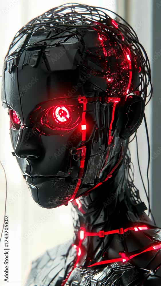 Poster intricate close-up of a futuristic robot displaying vibrant red lights in a modern setting