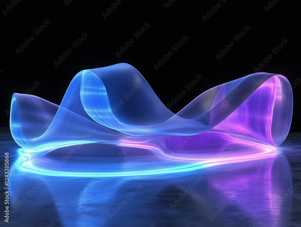 Poster a 3d rendering of futuristic blue and purple neon light shapes on a reflective concrete surface agai