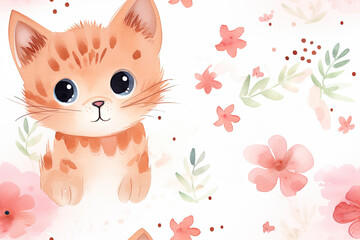 Adorable Kitten in Watercolor Floral Pattern