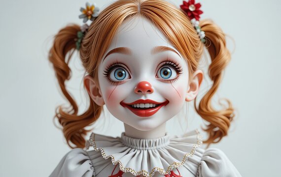 A 3D rendering of a cute cartoon girl with exaggerated facial expressions and movements against a white background.