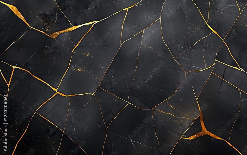 Poster a high-resolution abstract background featuring a textured black surface with intricate golden crack