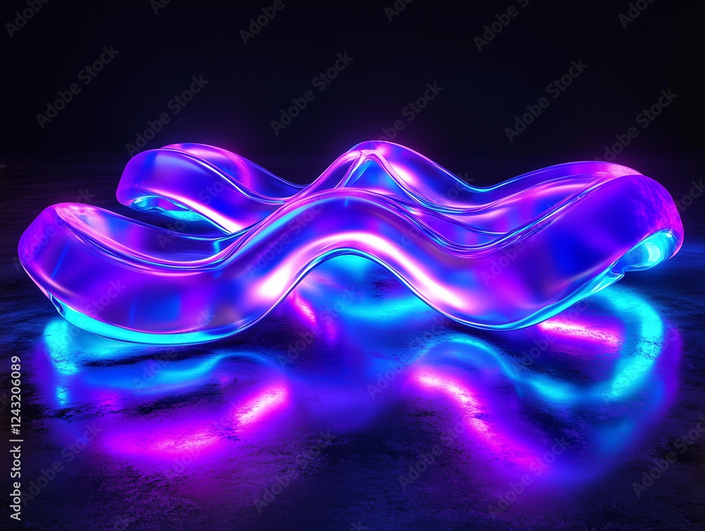 Poster a 3d rendering of futuristic blue and purple neon light shapes on a reflective concrete surface agai