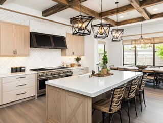 Cozy kitchen with light wood cabinetry, island, and pendant lighting

