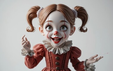 A 3D rendering of a cute cartoon girl with exaggerated facial expressions and movements against a white background.