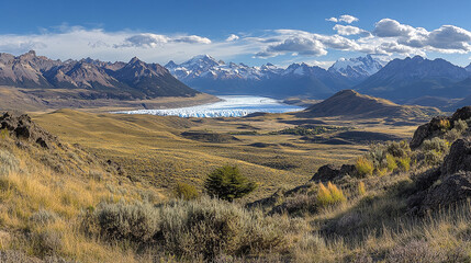 Obraz premium Stunning panoramic view of Glacier Perito Moreno amidst majestic mountains in Los Glaciares National Park