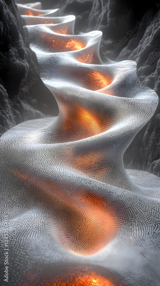 Poster a mesmerizing abstract visual of a spiraling pathway illuminated with warm, glowing patterns, set ag