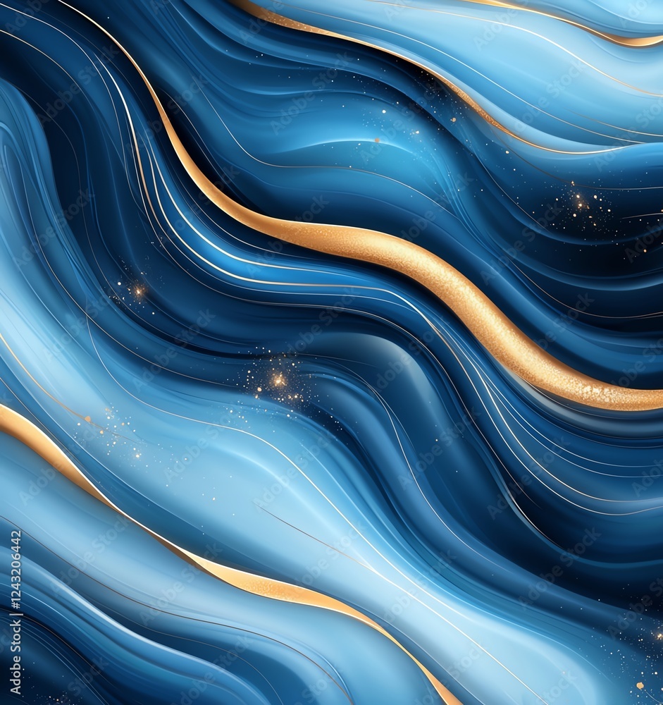 Poster A mesmerizing abstract background featuring flowing blue waves accentuated with golden lines, creating a captivating visual. Perfect for use in various design projects.