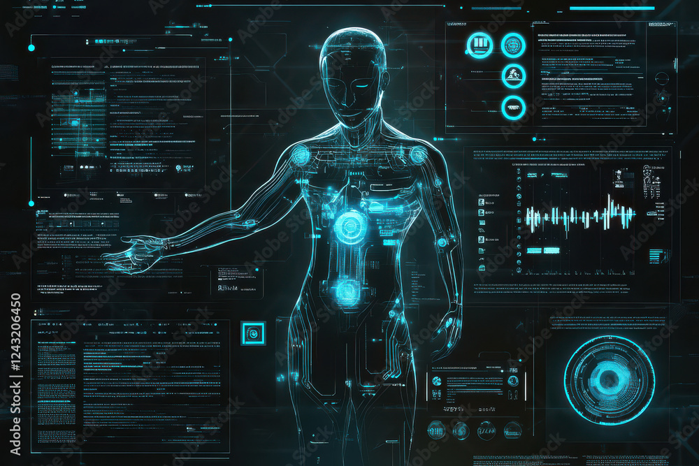 Poster futuristic virtual assistant with glowing humanoid figure surrounded by data flow and digital interf