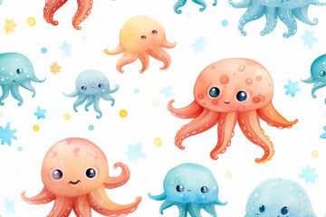 Adorable Watercolor Octopus Seamless Pattern for Kids