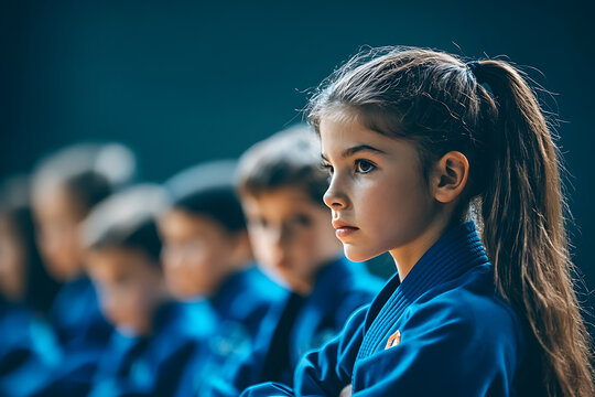 A group of children between the ages of 7 and 12 practicing Brazilian Jiu-Jitsu (BJJ) together in a well-lit training facility.