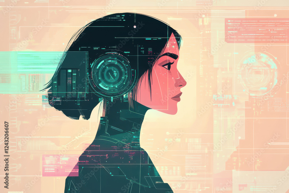 Poster futuristic virtual assistant with data flow, showcasing technology and innovation. image features pr