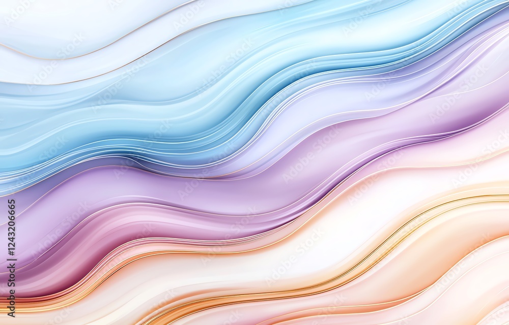 Poster a mesmerizing abstract background featuring soft waves in pastel colors of blue, purple, and orange,
