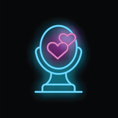 Glowing neon icon of a mirror reflecting hearts, perfect for representing self acceptance and self love