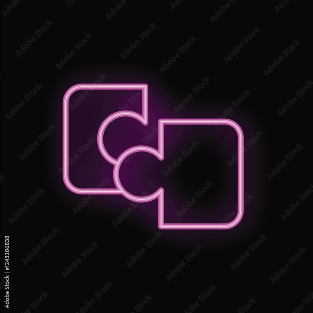 Poster bright pink neon puzzle pieces connecting on black background representing teamwork and problem solv