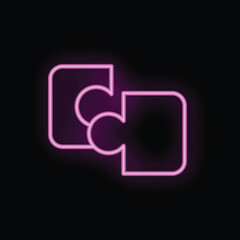 Fototapeta premium Bright pink neon puzzle pieces connecting on black background representing teamwork and problem solving