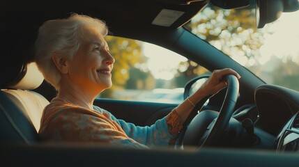 A cheerful elderly woman beams with happiness as she drives through a picturesque landscape, illuminated by the golden glow of the setting sun. Her relaxed demeanor captures the joy of simple moments