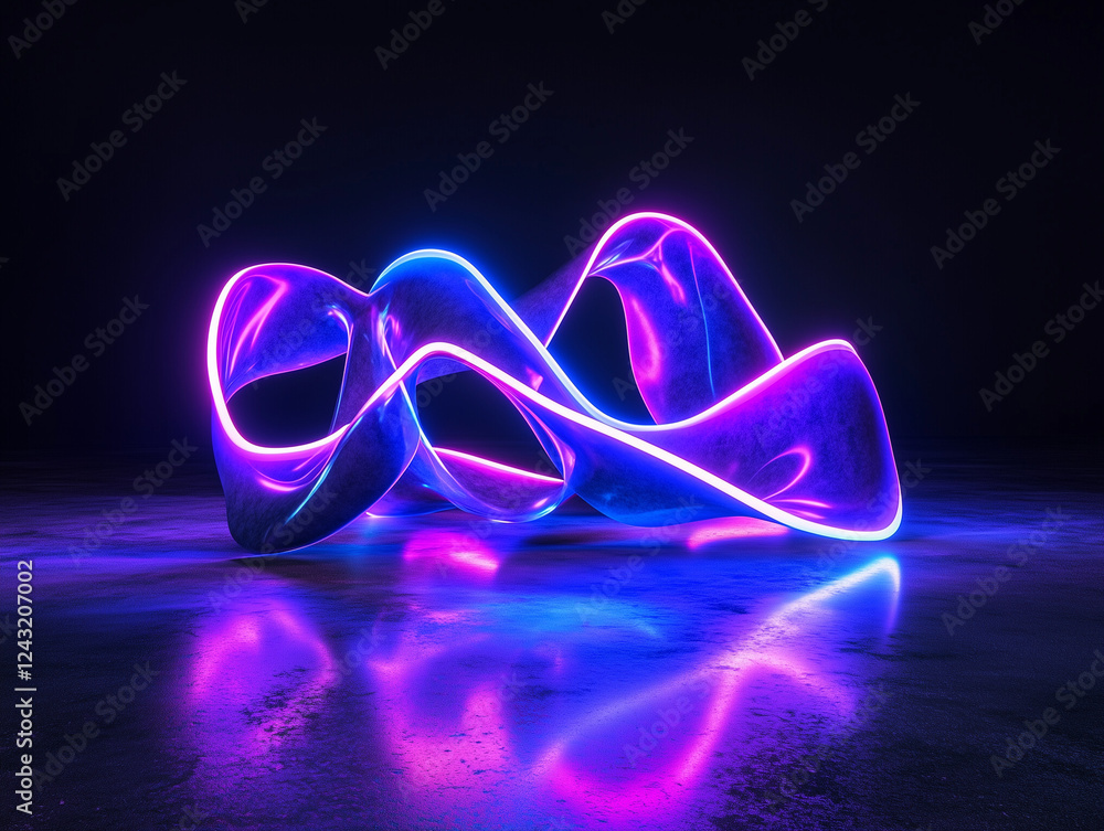Poster a 3d rendering of futuristic blue and purple neon light shapes on a reflective concrete surface agai