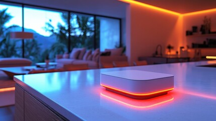 Modern smart home device glowing on a sleek countertop in a stylish, illuminated living room
