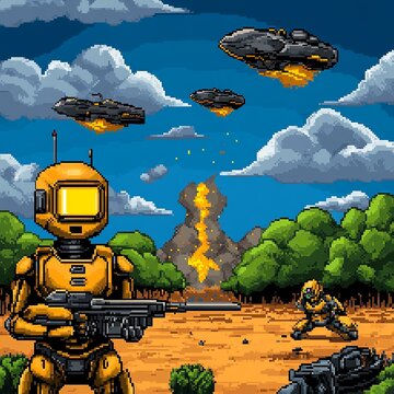 pixel art scene of an AI robot defending a pixelated base from waves of alien attackers