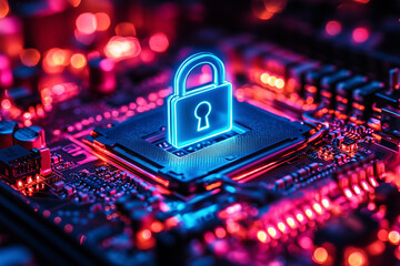 A neon blue lock floating over a motherboard, representing advanced cybersecurity. Bright lighting, contrast