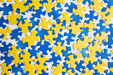 Yellow and blue puzzle pieces on a white background, stock photo, high resolution, high quality photography.