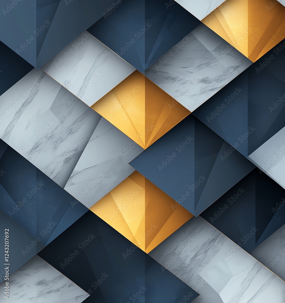 Poster a modern abstract background featuring triangular shapes in shades of blue, gray, and gold, creating