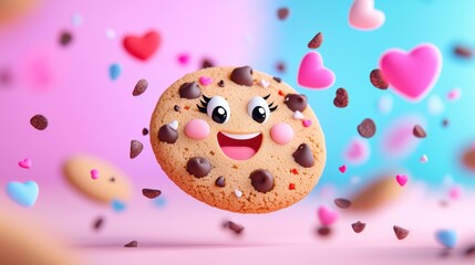 Happy Chocolate Chip Cookie with Sprinkles and Hearts 3D Render