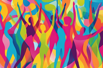 Vibrant abstract figures celebrating joy and unity in a colorful display of movement and energy