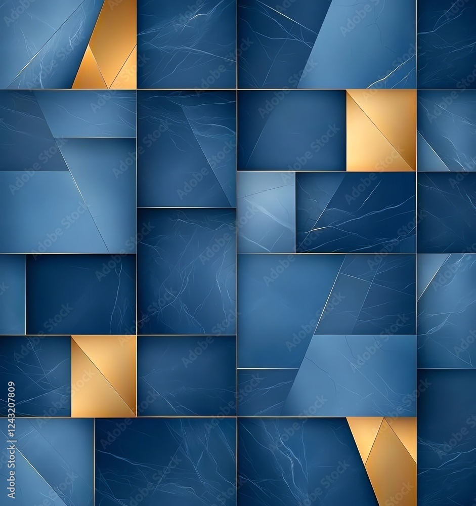 Poster a modern abstract pattern featuring a blend of deep blue and gold geometric shapes. ideal for backgr