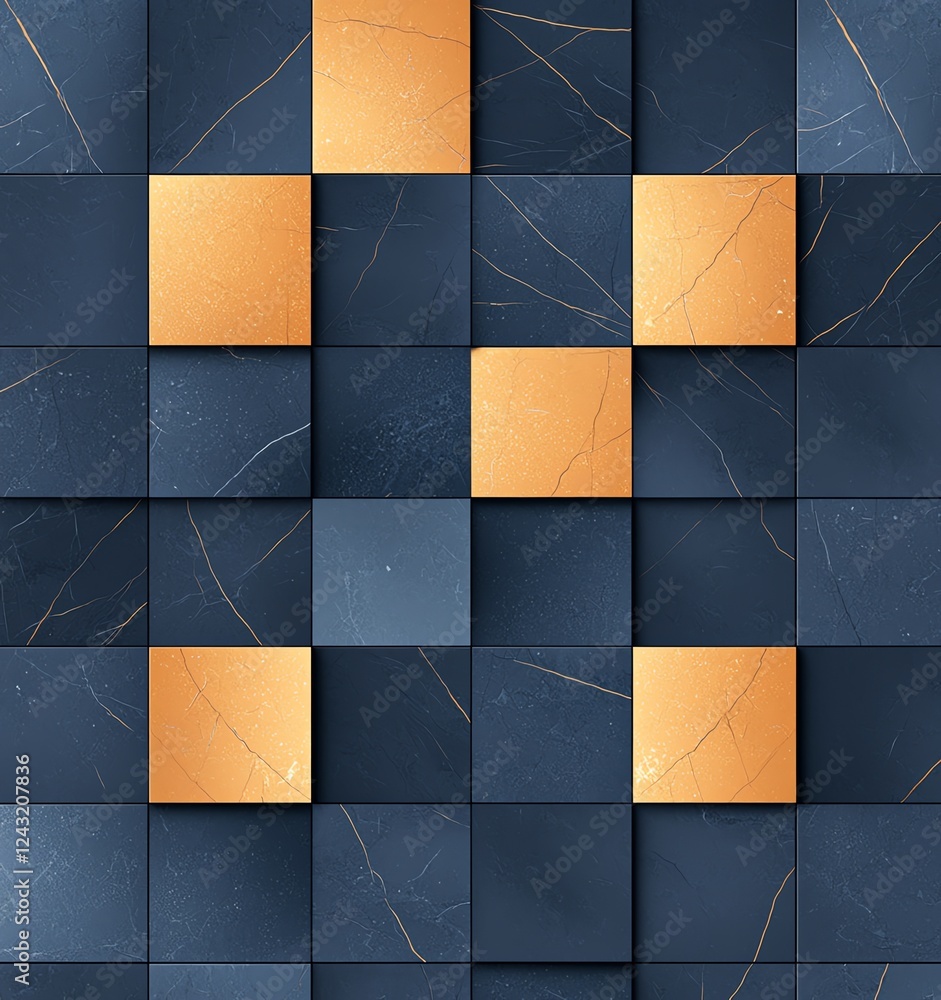 Poster a modern abstract pattern featuring a grid of dark and gold tiles. this design adds a sophisticated 